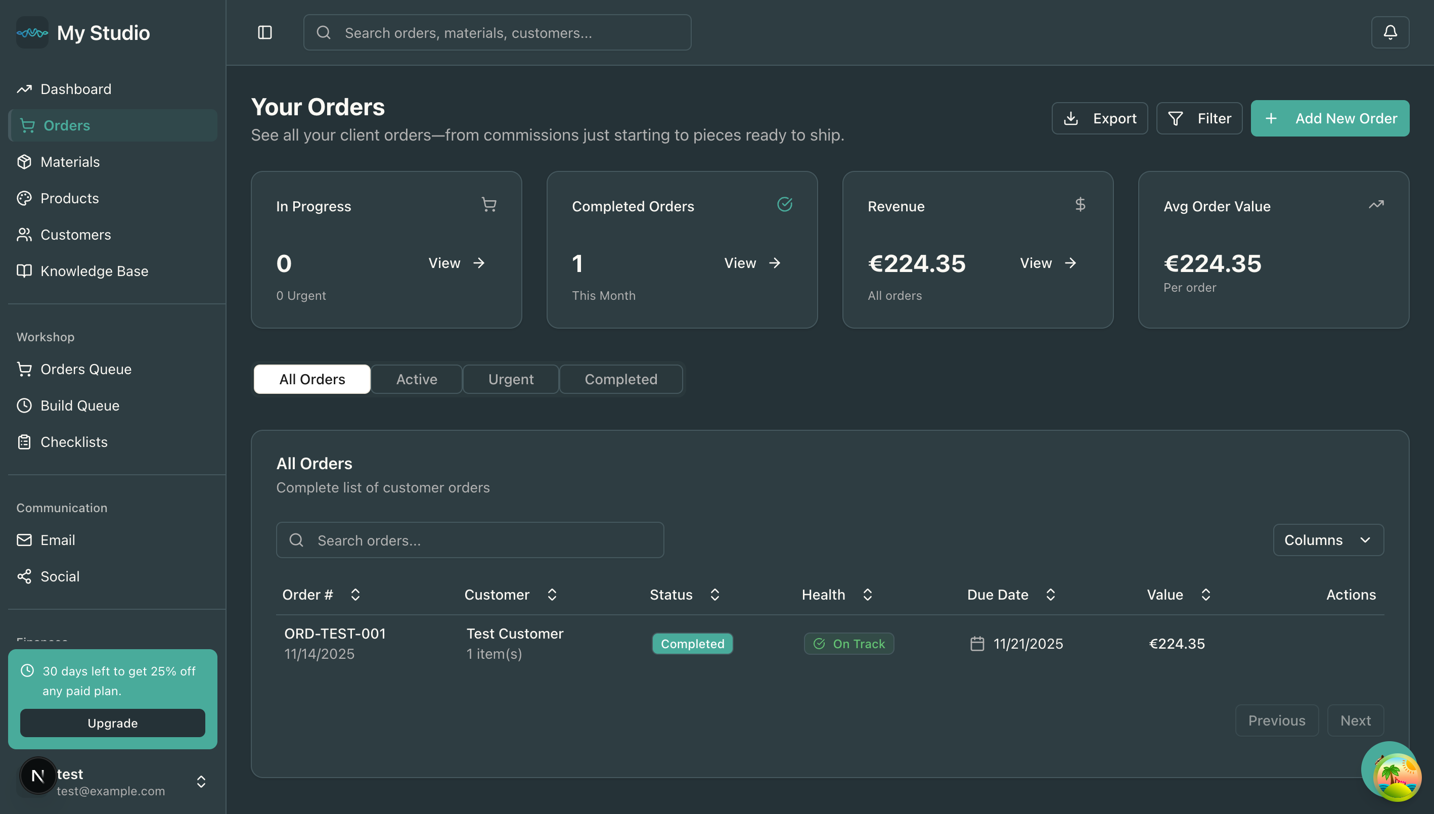 Orders page showing customer order management